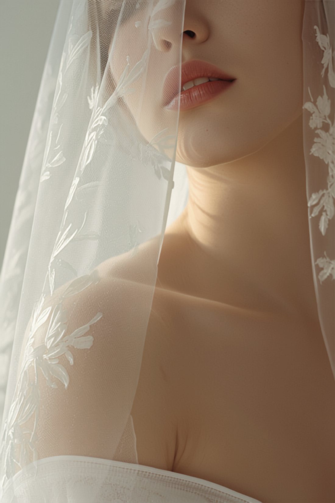 A bride's shoulder with fine French lace veil draped across it in soft natural light