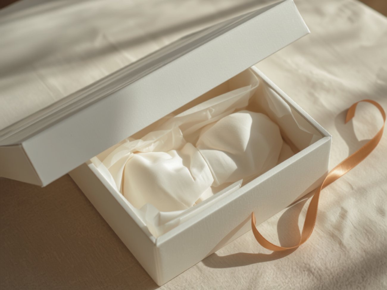 An ivory fabric-wrapped preservation box, open, with a gown bodice folded in acid-free tissue inside