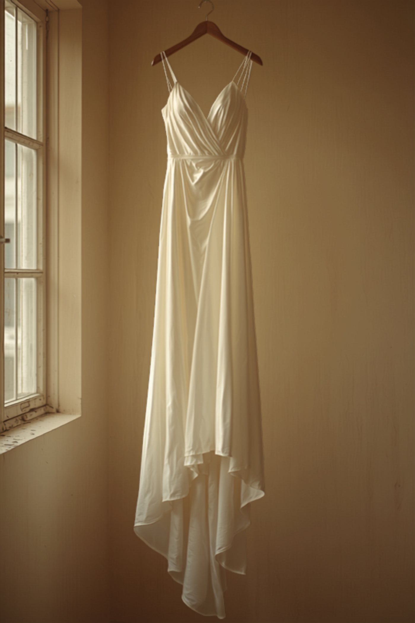 An ivory silk wedding gown hanging in warm window light in the atelier