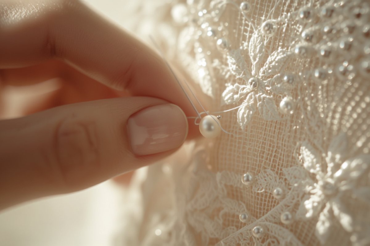 Fingertips securing a single pearl bead with needle and thread onto ivory lace