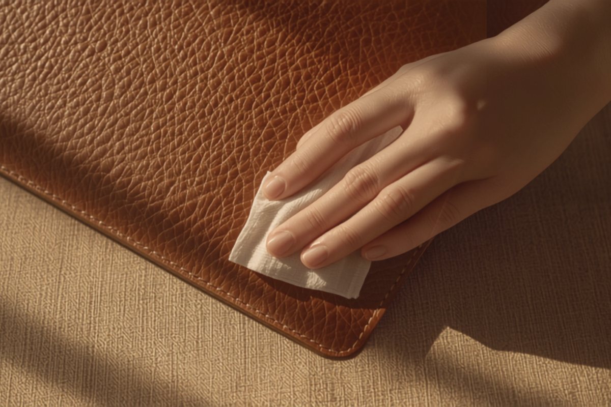 Hands conditioning the corner of a cognac leather handbag with a soft pale cloth